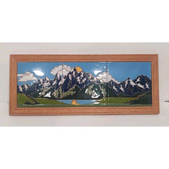 Mountain Moon Reflection Triptych Native Folk Art Deco (3) 6" Tiles 20x8" Framed - Picture 1 of 14